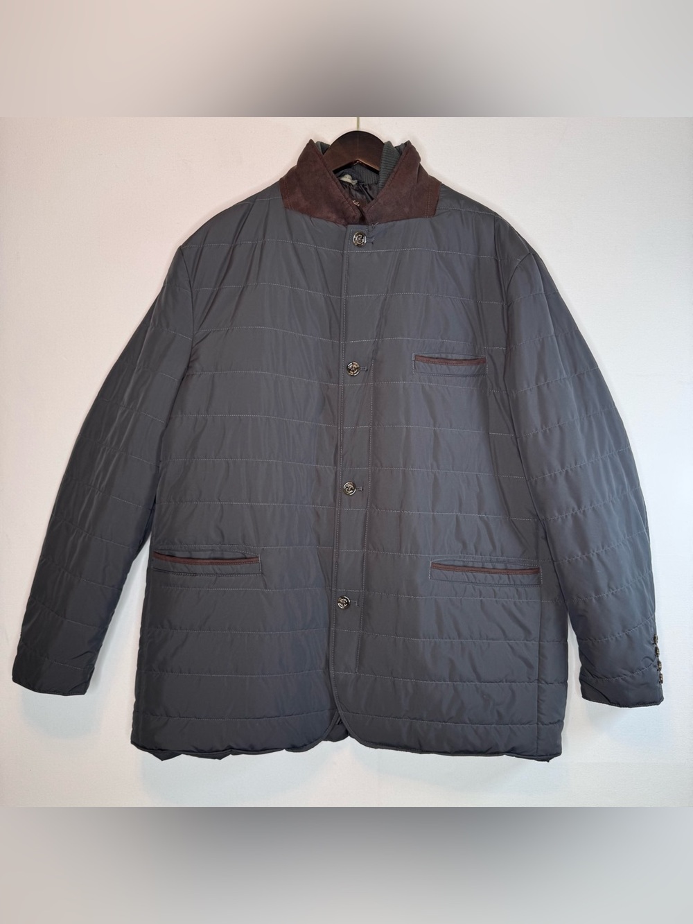 Tasso Elba Men's Gray Coat Quilted Barn Chore Jacket sz 3XL leather trim READ